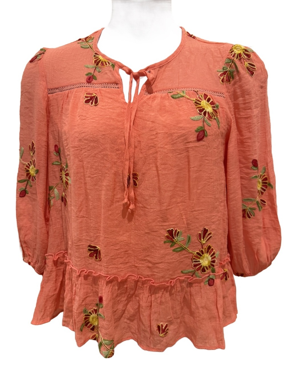 Figueroa & Flower Embroidered Peasant Blouse - Coral. Medium